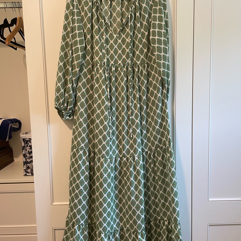 Green and White Midi Sundress with Bishop Sleeves